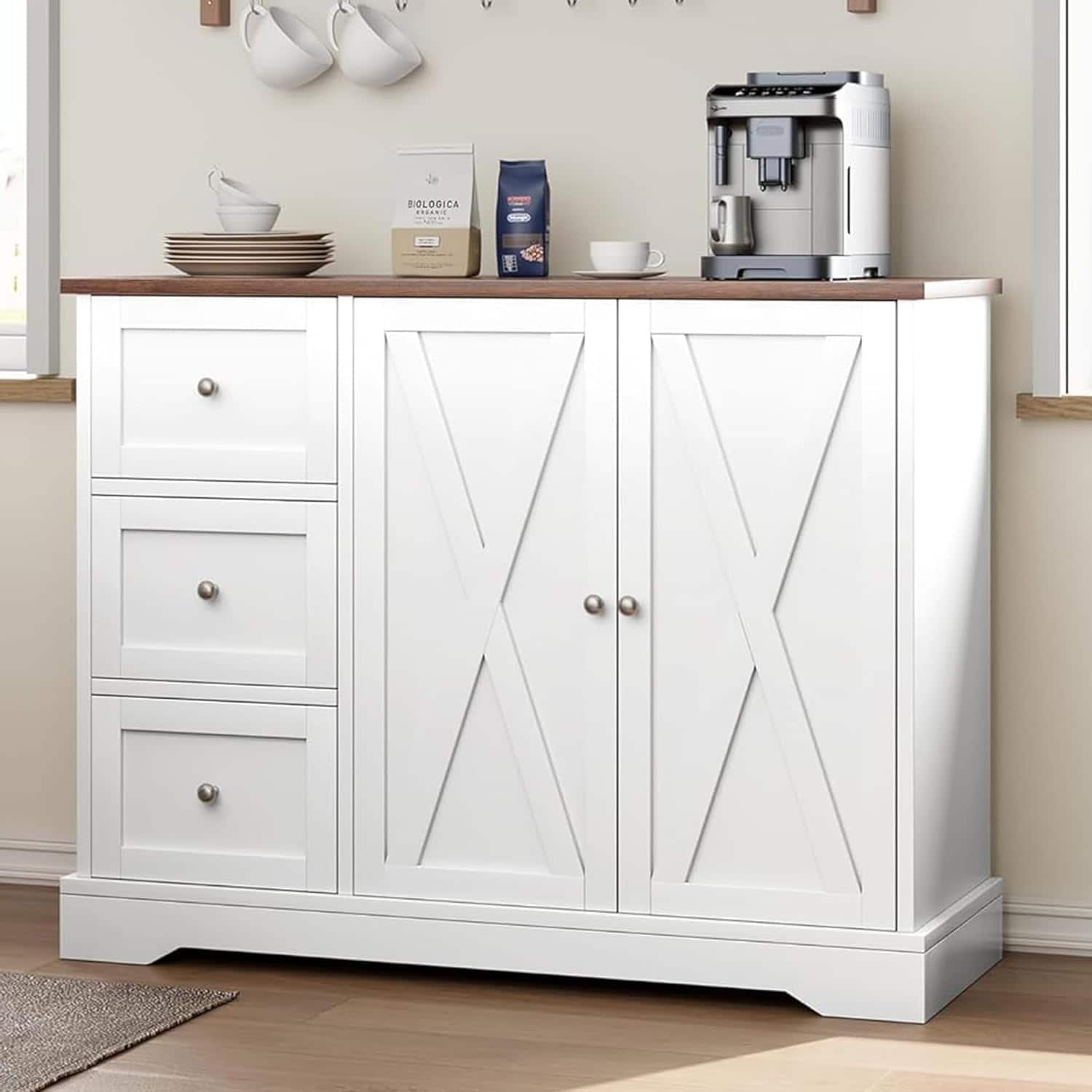 Buffet Cabinet with Drawers & Doors, Farmhouse Coffee Bar with Adjustable Shelf for Kitchen Living Room