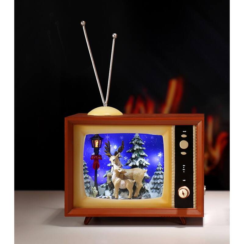 LED Lighted Deer with Street Lamp TV Christmas Table Decor 9.25" Brown