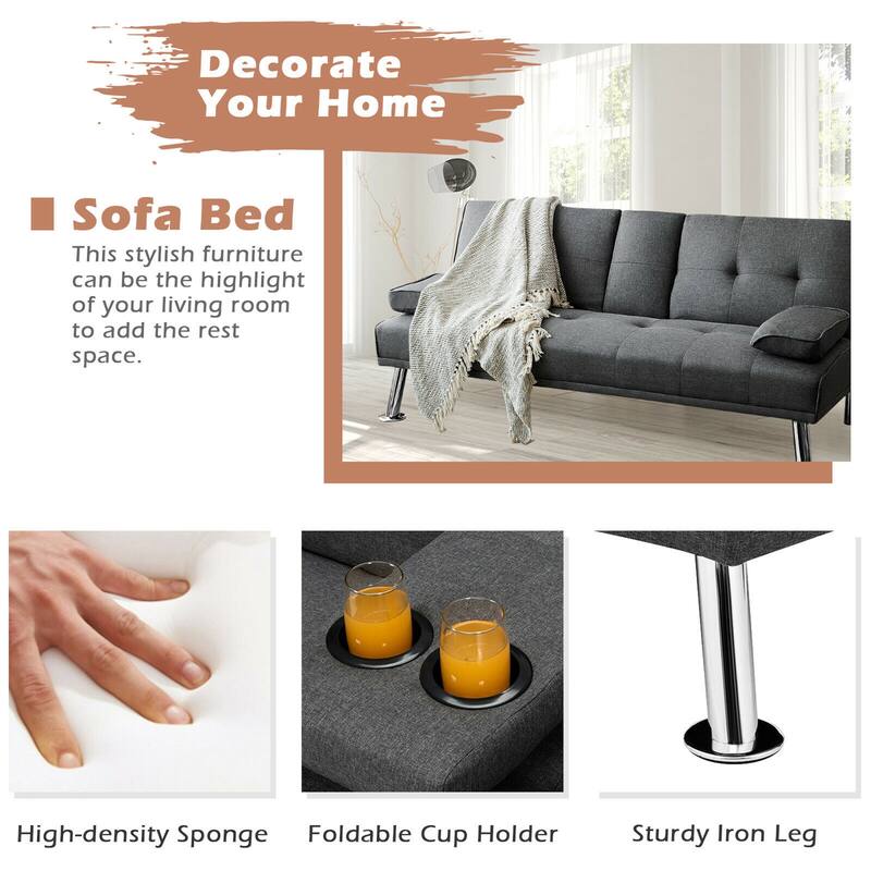 Gymax Fabric Folding Convertible Futon Sofa Bed with 2 Cup Holders - See Details