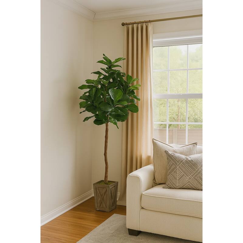 HomeStock 6' Fiddle Leaf Fig Tree in Weathered Wood Box Planter - Stylish Faux Plant for Home or Office - 72