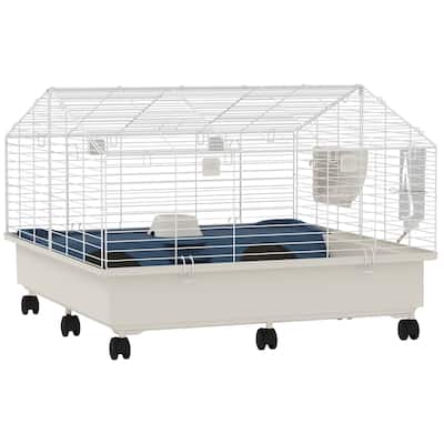 PawHut Small Animal Cage, Rolling Guinea Pig Cage with Water Bottle, Hay Feeder, Food Dish, Ramp, White