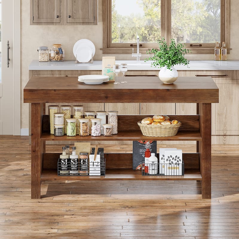 Solid Wood Kitchen Island, Open Storage Counter Height Table, Kitchen Dining/Living Room Coffee Bar Accent Island