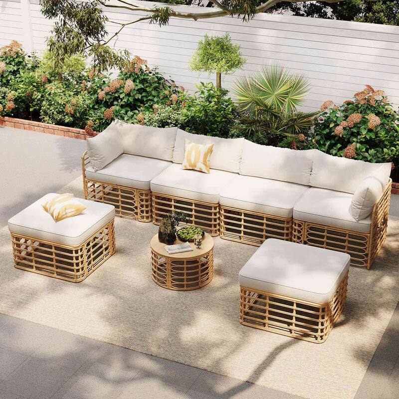 7-Piece Outdoor Rattan Patio Furniture Set with Cushions and Coffee Table
