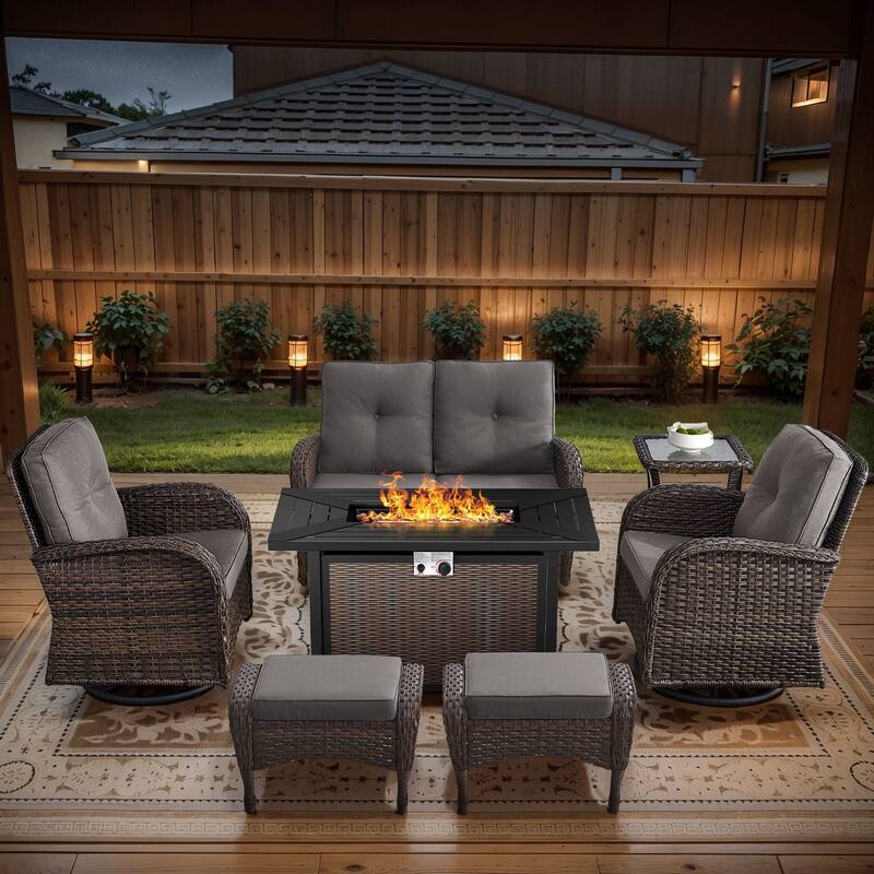 Gymojoy Outdoor Fire Pit Conversation Set, Loveseat Glider Sofa & Chairs - Patio Furniture Set - 7-Piece included Swivel Chairs & Ottomans - Grey