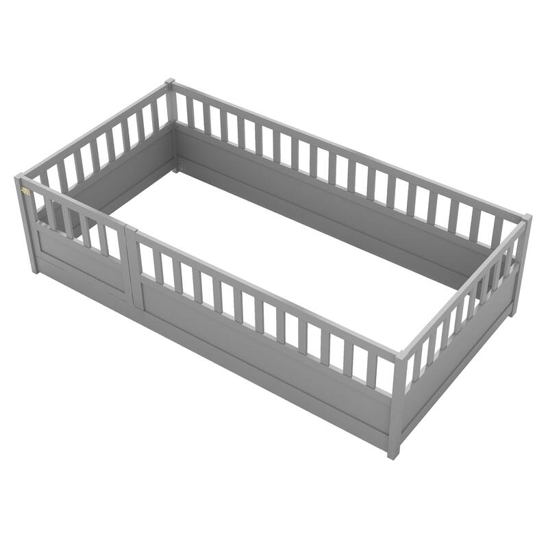 Montessori Wooden Floor Bed for Kids, Full/Twin Size with High Guardrails and Door, Easy Assembly