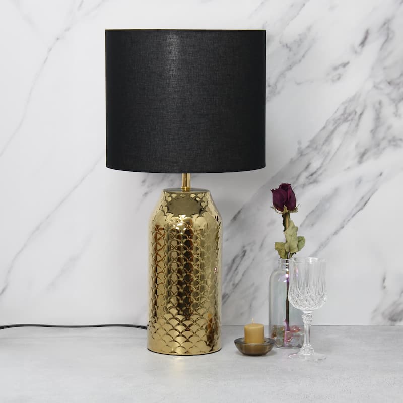 Fishscale Porcelain Table Lamp with Black Drum Shade - 23.75" - Gold