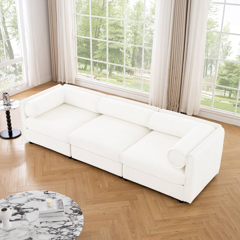 Modern Chenille 6-Seater Sofa with Ottoman Storage, Hidden Storage, Cylindrical Cushioned Arms and Backrest