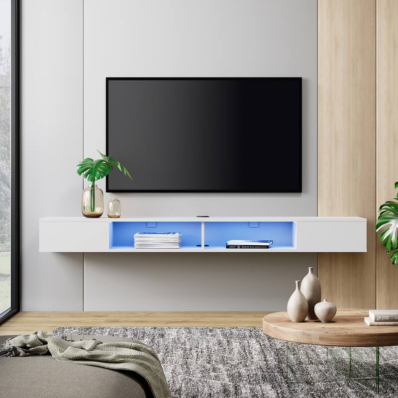 WAMPAT 70 Inch Floating TV Shelf With LED Lights, Floating TV Stand Under TV Media Console for Living Room - 70 inch - White&Blue Light