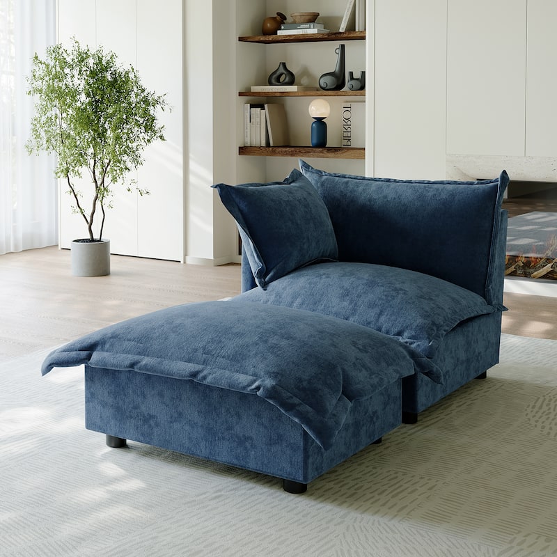 Casual 40"W Oversized Soft Comfy Cloud Chenille Chaise Lounge with Ottoman - Left Facing - Navy