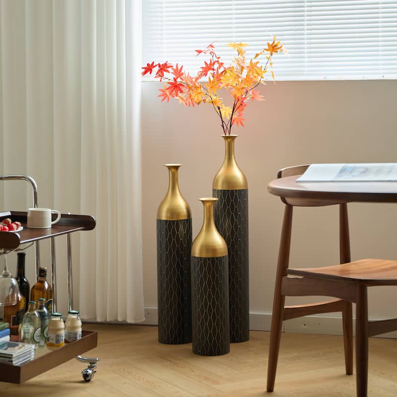 Set of 3 Black and Gold Metal Vase Floor Vases Ideal (25"/30"/34" H)