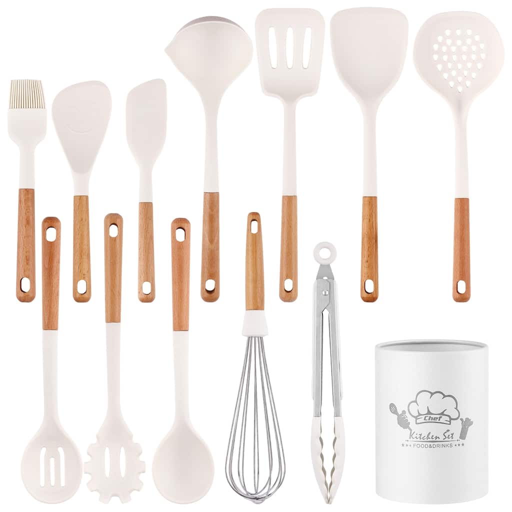 SUGIFT 13-Piece Silicone Kitchen Utensils with Wooden Handles Set