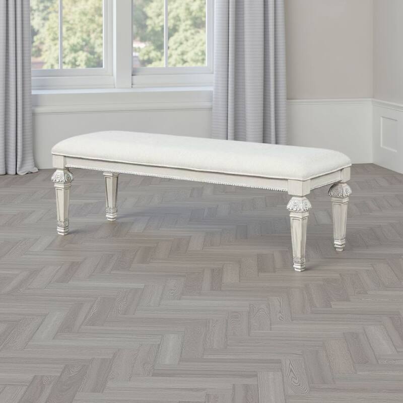 Miamy Bench, Cream White Wood Frame, Textured Fabric, 55 Inch