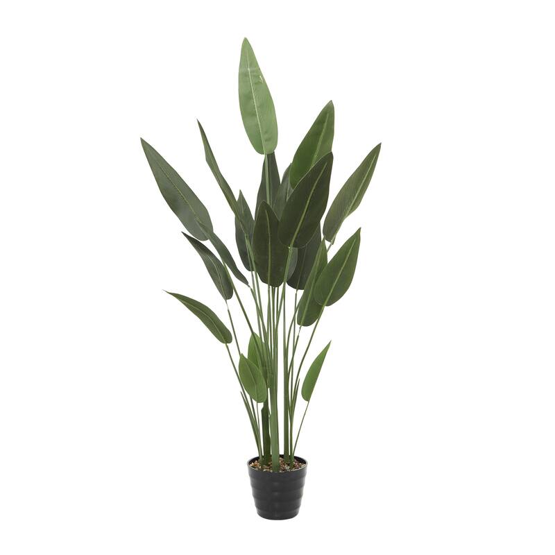 Faux Foliage Bird of Paradise Artificial Plant with Realistic Leaves and Black Fluted Pot - Green - Roche River Decor