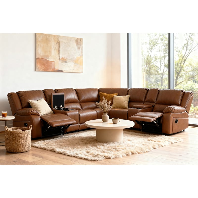108" W Modern Contemporary Faux Leather 7 Piece Sectional Recliners