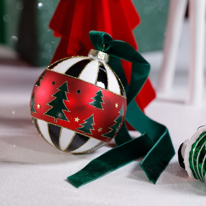 Tree Motif Glass Ball Christmas Ornaments, Set of 6, 4"