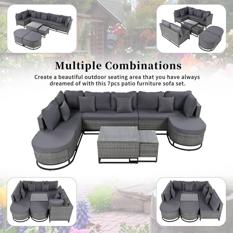 7-Piece Outdoor Wicker Sectional Sofa Set with Coffee Tables, Pillows
