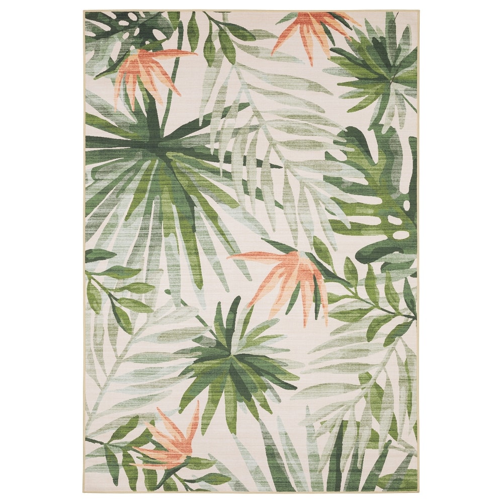 Style Haven Flores Tropical Palms Beige/Green Indoor-Outdoor Washable Rug