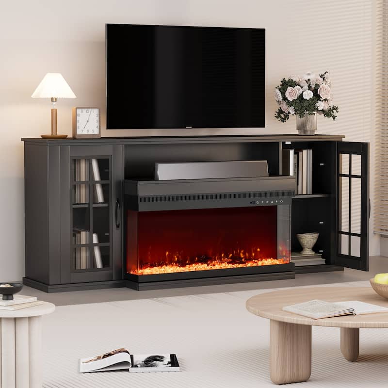 70" Fireplace TV Stand with 3-Sided Glass, ETL Certified, 12 Flame Colors, Realistic Ember Bed, Accommodates TVs up to 80"