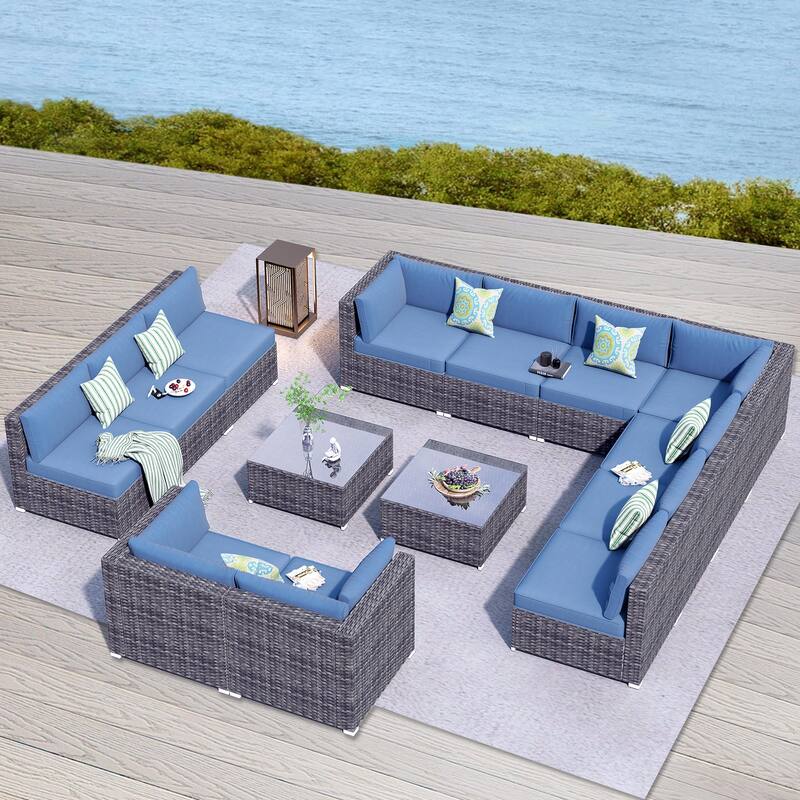 OVIOS 14-piece Deep Seat Wicker Conversation Sectional Set with Glass-top Table - Denim Blue