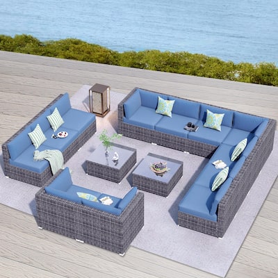 OVIOS 14-piece Deep Seat Wicker Conversation Sectional Set with Glass-top Table