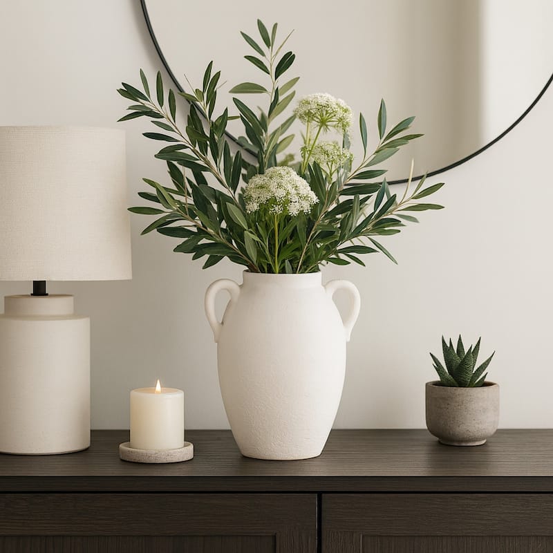 Neutral Ceramic Textured Amphora Jug with Handles Vase - White - 10.0"