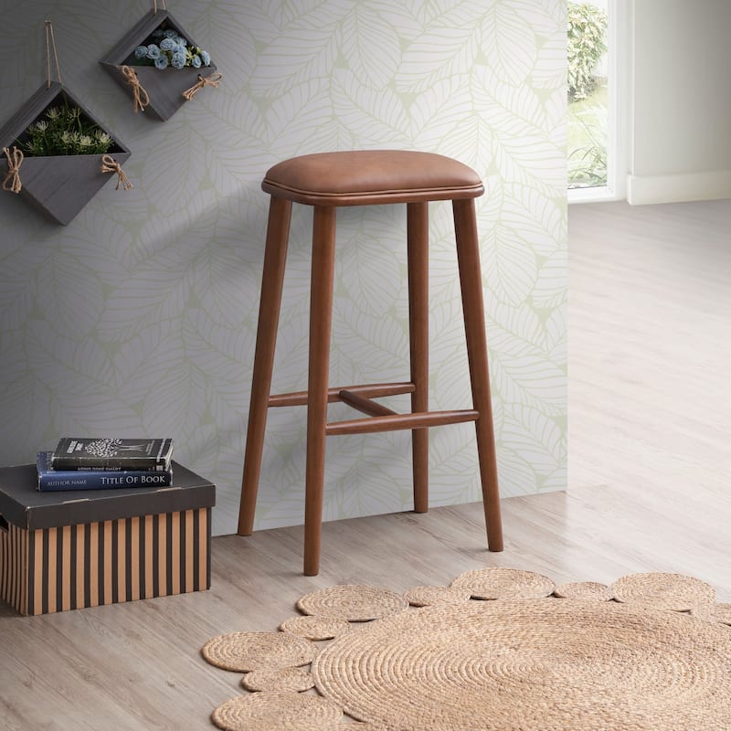 GDFStudio - Jason Mid-Century Modern 30" Bar Stool with Solid Wood Frame, Faux Leather Upholstery and Backless Design - Light Tan,Brown