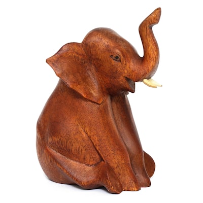 Wooden Hand Carved Sitting Elephant Statue Figurine Sculpture Decorative Home Decor Accent Handmade Handcrafted Decoration Wood