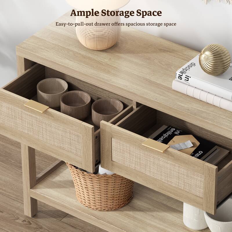 SICOTAS Rattan Console Table with 2 Drawers and Shelves - 30 x 39.4 x 13.8