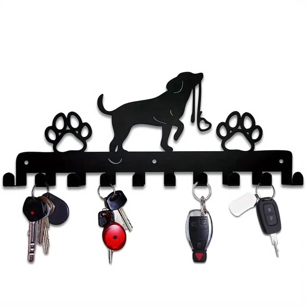 Black Metal Cute Dog Wall Hanging Storage Rack with Hooks for Home Entryway or Coat - 11.81”L x 4.96”H