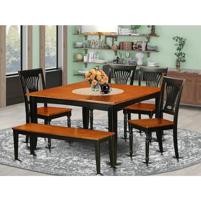HomeStock 6-Piece Square Black & Cherry Finish Solid Wood Top dining Table with 1-Bench and 4-Chairs with Lattice Back