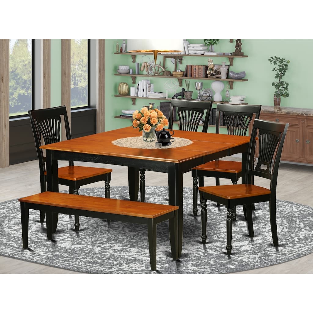 HomeStock 6-Piece Square Black & Cherry Finish Solid Wood Top dining Table with 1-Bench and 4-Chairs with Lattice Back