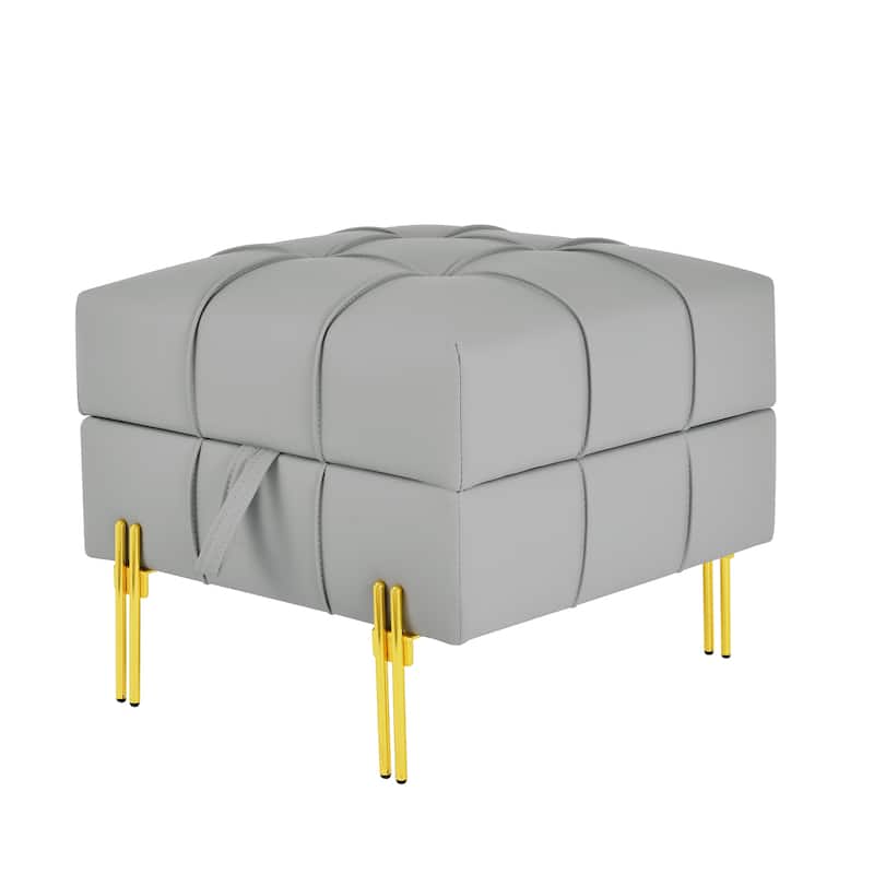 Square Leather Storage Ottoman, Tufted Upholstered Footstool with Flip Top, Entryway Bench with Stainless Steel Legs