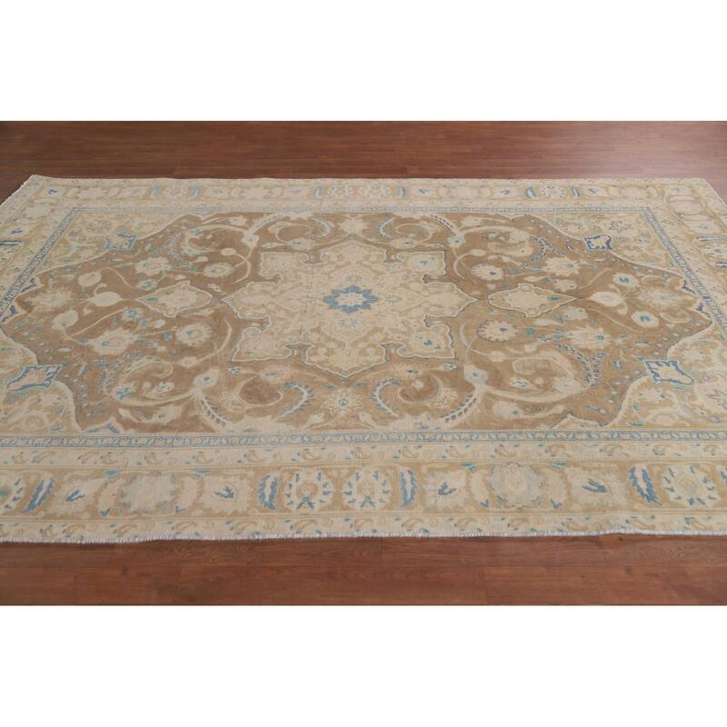 Hand Knotted Oriental 100% Wool Carpet Traditional Floral Brown Mashad Area Rug - 9' 0'' X 6' 0''