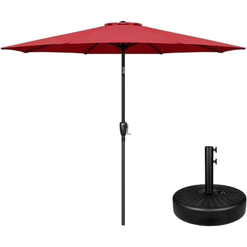 9 ft. Steel Market Outdoor Patio Umbrella with Base, Button Tilt, Crank and 8 Sturdy Ribs for Deck, Lawn& Pool in Red