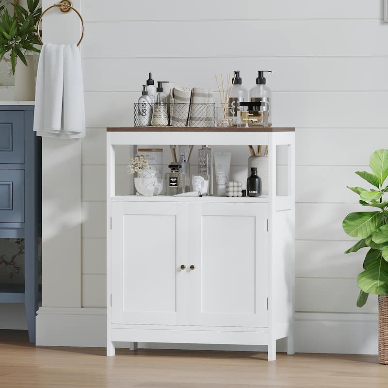 Modern Storage Cabinet with Double Doors, Free-Standing Bathroom Cabinet with Adjustable Shelf and Natural Wood Top