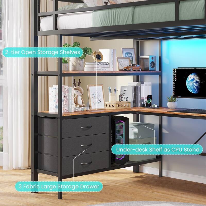 Loft Bed with L-Shaped Desk Charging Station Metal LED Lights 3 Fabric Drawers