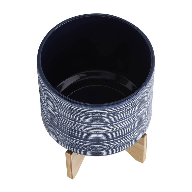 Sagebrook Home Striped Ceramic Planter with Wooden Stand Indoor/Outdoor