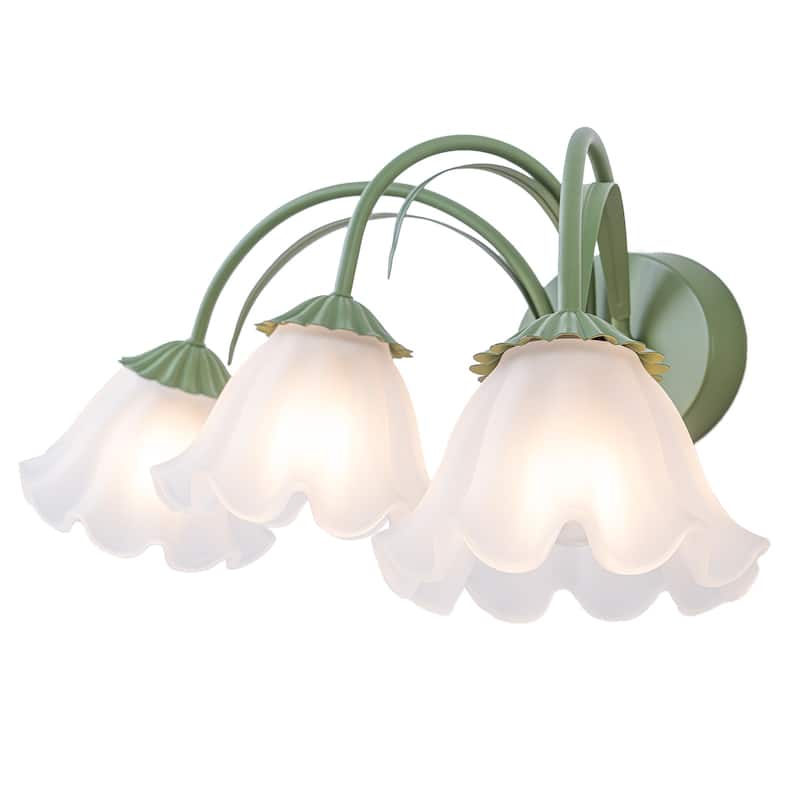 Green Metal Flower Frosted Glass Wall Sconce for Bathroom Vanity
