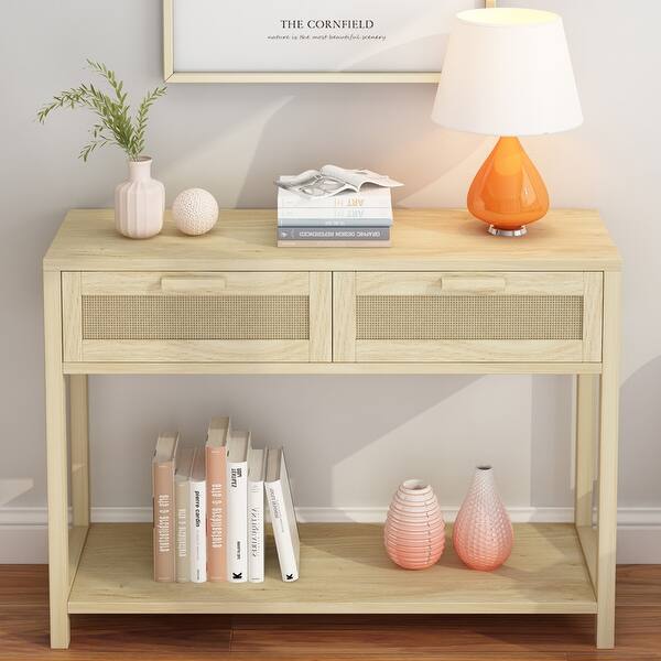 39.4" Rattan Console Table with 2 Drawers Entryway Table