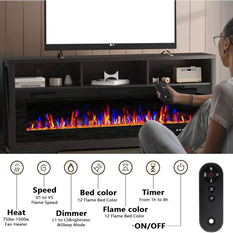 BOSSIN 65" Electric Fireplace TV Stand , Entertainment Center for TVs up to 75" with Open Shelves Storage for Living Room