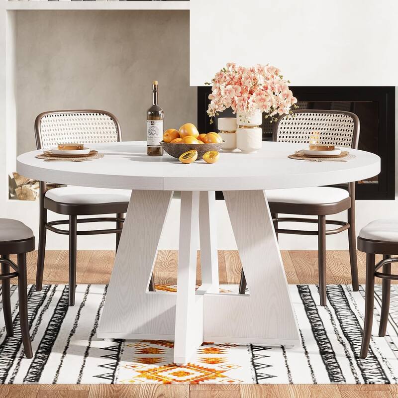 47" Round Wood Dining Table 4-Seater Farmhouse with Wooden Tabletop Cross Base for Dining Room/Kitchen