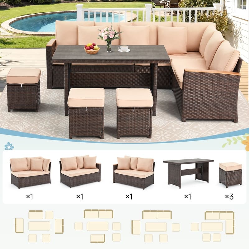 7-Piece Outdoor Sectional Set w/ Dining Table – All-Weather PE Rattan Patio Furniture for Garden, Poolside & Backyard
