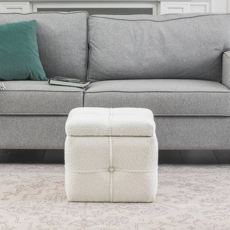 Adeco Boucle Storage Ottoman Footstool for Living Room - White