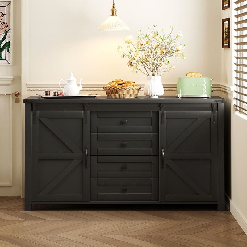Farmhouse 55.1" Sideboard with Sliding Barn Doors and Storage Drawers, Wood Buffet Table with Power Outlet - Black