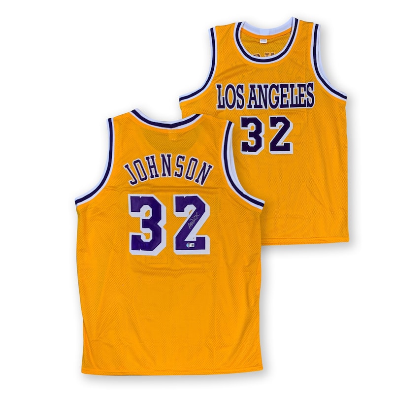 Magic Johnson Autographed Pro Style Gold Signed Basketball Jersey Beckett COA - 8'6" x 11'6"
