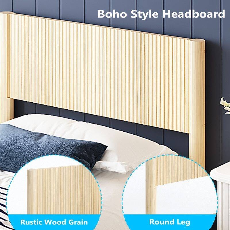 Solid Wood Twin Bed Frame Platform Bedframe with Headboard Grille Style