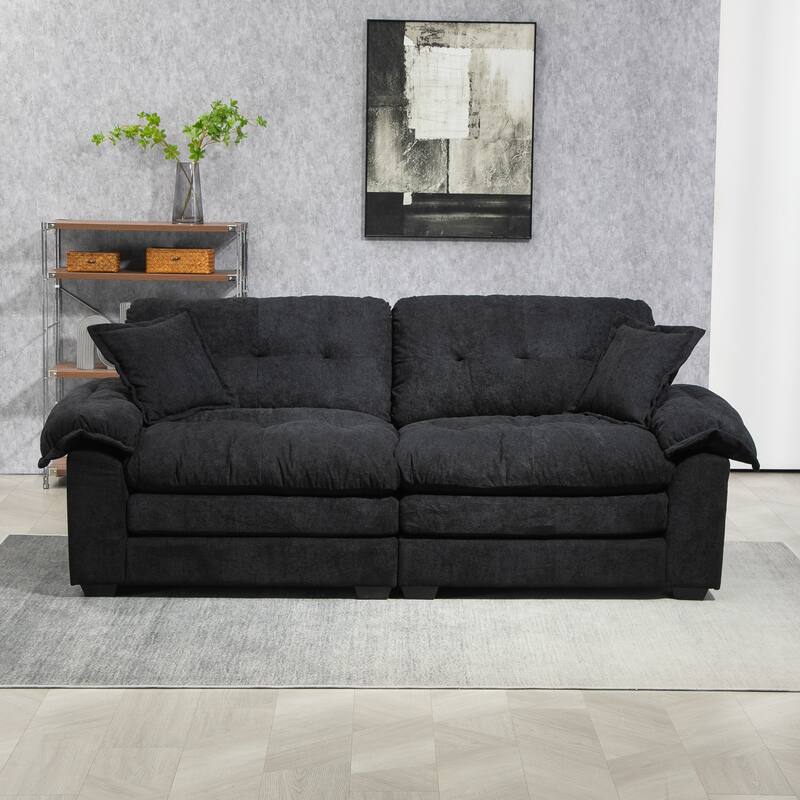 Small Sofa Loveseat Deep Seat Sofa Couch with 2 Throw Pillows, 2-Seater Settee with Pillow Top Armrests - Black