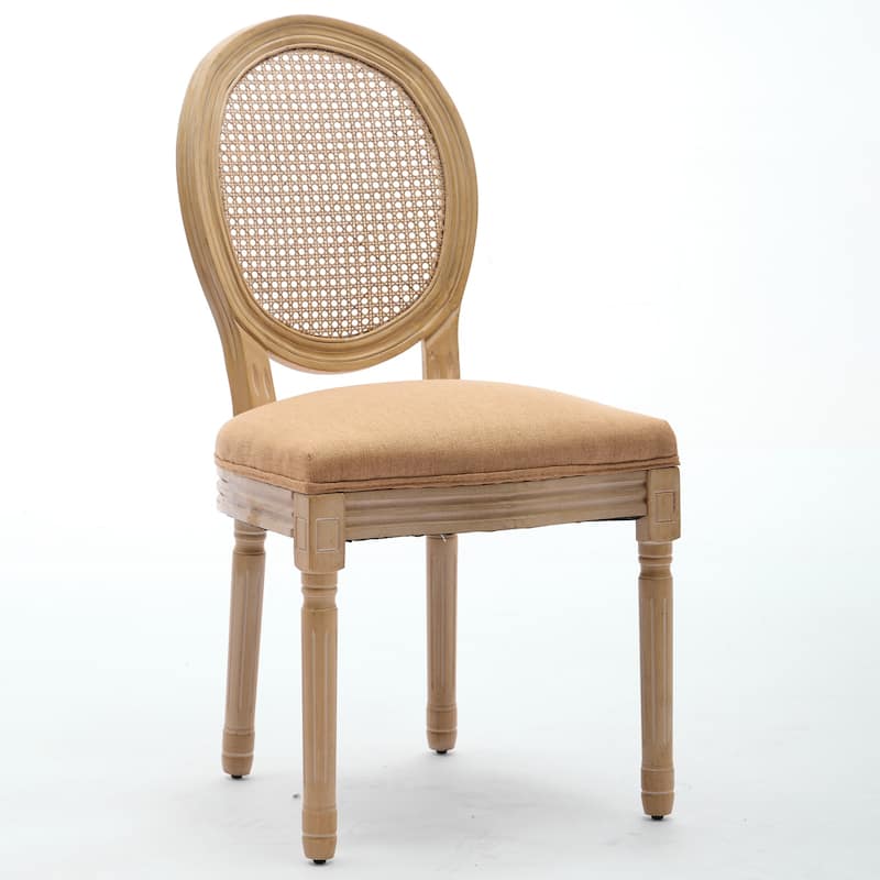 French Style Antique Painting Linen Fabric Rattan Back Dining Chair,Set of 2