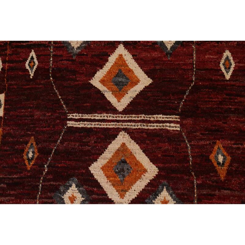 Hand Knotted Oriental 100% Wool Carpet Modern Tribal Red Moroccan Area Rug - 9' 7'' X 6' 10''