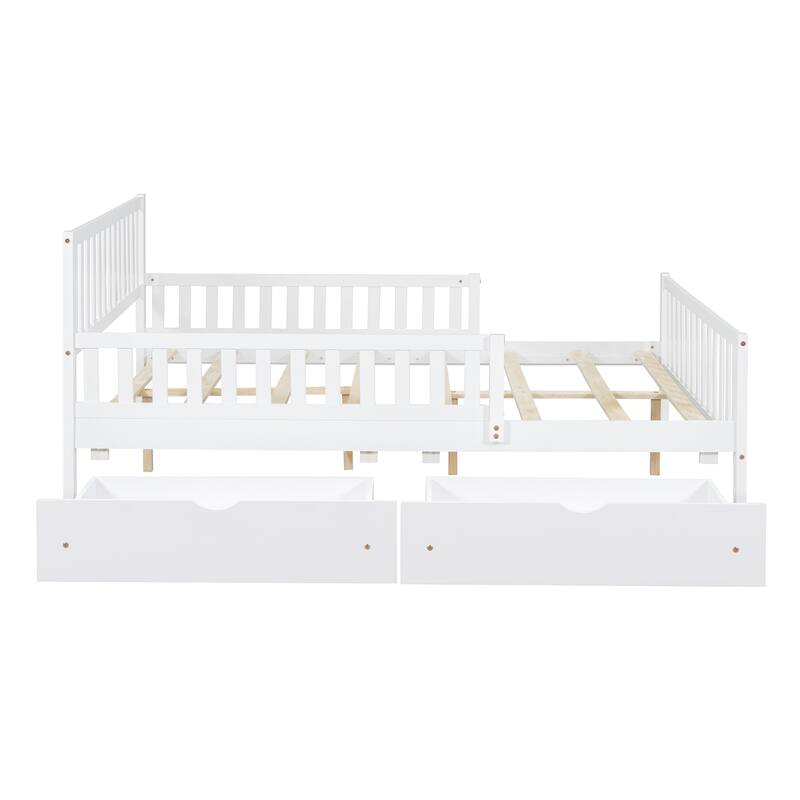 Wooden Platform Bed Underbed Storage Bed with Sides Guardrails Spindle Headboard and 2 Drawers 8.98 inch Storage Underneath
